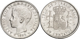 1895. Alfonso XIII. Puerto Rico. PGV. 20 centavos. (AC. 126). Golpecito. Escasa. 4,89 g. MBC-/MBC.