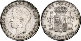 1896. Alfonso XIII. Puerto Rico. PGV. 40 centavos. (AC. 127). Dos restos de soldadura en canto. Rara. 9,87 g. (BC+).