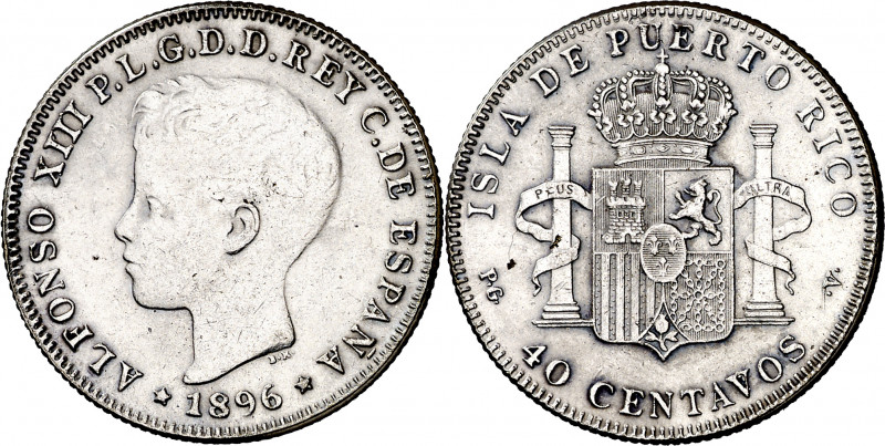 1896. Alfonso XIII. Puerto Rico. PGV. 40 centavos. (AC. 127). Limpiada. Escasa. ...