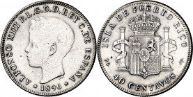1896. Alfonso XIII. Puerto Rico. PGV. 40 centavos. (AC. 127). Limpiada. Escasa. 7,09 g. MBC-/MBC.