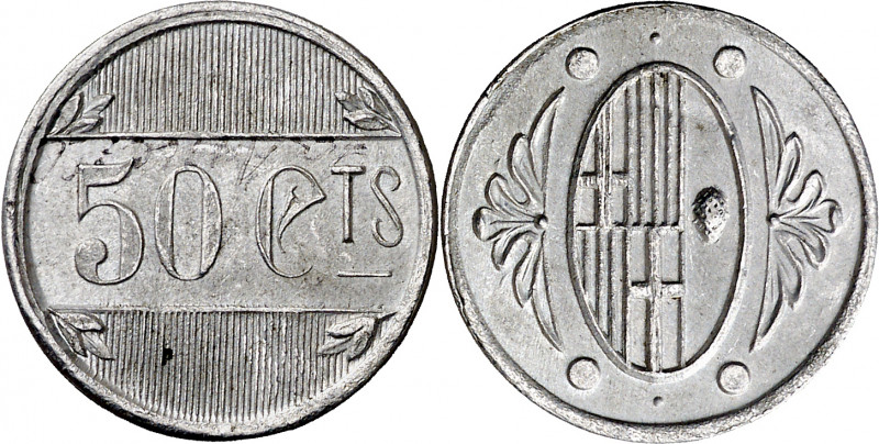 L'Ametlla del Vallès. 50 céntimos. (AC. 2). Rayitas. Escasa. 0,59 g. MBC+.