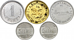 L'Ametlla del Vallès. 25, 50 (dos) céntimos y 1 peseta (dos). (AC. 1 a 5) (T. 199 a 203). 5 monedas, serie completa. Escasos. MBC/EBC.