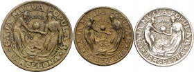 Barcelona. Caja Mútua Popular. 5, 10 céntimos y 1 peseta. (AL. 850 a 852). 3 monedas, serie completa, la peseta en plata es rarísima. MBC/EBC-.