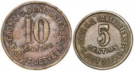 Sant Just Desvern. Cooperativa Recreativa Obrera Santjustense. 5 y 10 céntimos. (AL. 833 y 834). 2 monedas. MBC-/MBC.