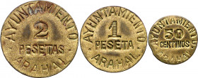 Arahal (Sevilla). 50 céntimos, 1 y 2 pesetas. (AC. 40 a 42). 3 monedas, serie completa. EBC-/EBC.