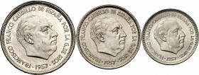 1957. Franco. BA (Barcelona). 5, 25 y 50 pesetas. (AC. 154 a 156). Lote de 3 monedas, serie completa, de la I Exposición Iberoamericana de Numismática...