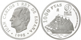 1998. Juan Carlos I. 1000 pesetas. (Fuster MC-178). Expo '98. Juan Sebastián Elcano. Lote de 2 estuches oficiales con certificados. 27 g. Proof.