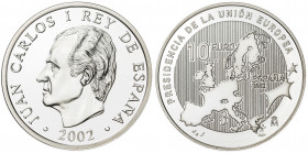 2002. Juan Carlos I. 10 euros. (Fuster MC-204). Presidencia de la UE. En estuche oficial con certificado. 27 g. Proof.