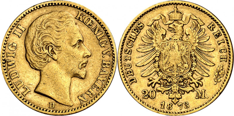 Alemania. Baviera. 1873. Luis II. D (Múnich). 20 marcos. (Fr. 3762) (Kr. 501). A...