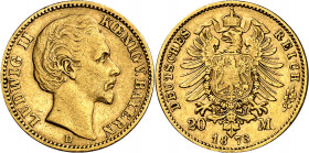 Alemania. Baviera. 1873. Luis II. D (Múnich). 20 marcos. (Fr. 3762) (Kr. 501). AU. 7,91 g. MBC+.