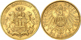 Alemania. Hamburgo. 1913. J (Hamburgo). 20 marcos. (Fr. 3777) (Kr. 618). Bella. AU. 7,95 g. EBC.