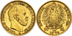 Alemania. Prusia. 1873. Guillermo I. A (Berlín). 20 marcos. (Fr. 3813) (Kr. 501). AU. 7,90 g. MBC+.