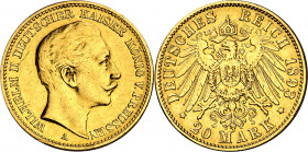 Alemania. Prusia. 1893. Guillermo II. A (Berlín). 20 marcos. (Fr. 3831) (Kr. 521). Limpiada. AU. 7,89 g. (MBC+).