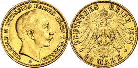 Alemania. Prusia. 1901. Guillermo II. A (Berlín). 20 marcos. (Fr. 3831) (Kr. 521). AU. 7,93 g. MBC+.
