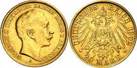 Alemania. Prusia. 1902. Guillermo II. A (Berlín). 20 marcos. (Fr. 3831) (Kr. 521). Bella. AU. 7,96 g. EBC.