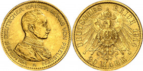 Alemania. Prusia. 1914. Guillermo II. A (Berlín). 20 marcos. (Fr. 3833) (Kr. 537). Bella. AU. 7,96 g. EBC.