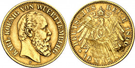 Alemania. Württemberg. 1890. Carlos. F (Stuttgart). 10 marcos. (Fr. 3873) (Kr. 630). Raspadura en reverso. AU. 3,90 g. MBC+/MBC.