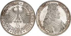 Alemania. 1955. G (Karlsruhe). 5 marcos. (Kr. 115). 300º Aniversario del nacimiento de Luís Guillermo de Baden-Baden, nº 4005. Rara. AG. 11,22 g. S/C....