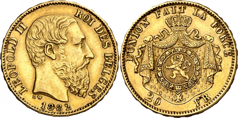 Bélgica. 1882. Leopoldo II. 20 francos. (Fr. 412) (Kr. 37). AU. 6,43 g. MBC+.