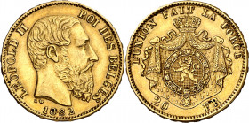 Bélgica. 1882. Leopoldo II. 20 francos. (Fr. 412) (Kr. 37). AU. 6,43 g. MBC+.