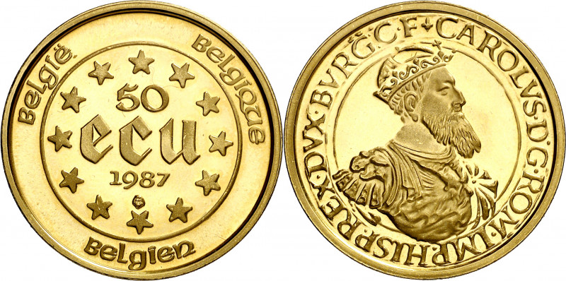 Bélgica. 1987. Balduino I. 50 ecus. (Fr. 427) (Kr. 167). Carlos I. AU. 17,28 g. ...