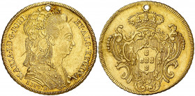 Brasil. 1789. María I. R (Río). 6400 reis. (Fr. 87) (Gomes 33.01). Perforación. Ex Áureo & Calicó 28/01/2009, nº 2073. Escasa. AU. 14,28 g. (MBC+)....