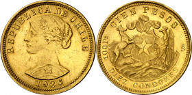 Chile. 1926. Santiago. 100 pesos. (Fr. 54) (Kr. 170). Golpecitos. AU. 20,34 g. EBC+.