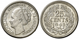 Curaçao. 1943/1. Guillermina. P (Filadelfia). 25 céntimos. (Kr. 38). Bella. Muy escasa. AG. 3,61 g. S/C.