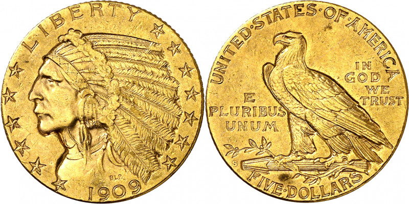 Estados Unidos. 1909. S (San Francisco). 5 dólares. (Fr. 150) (Kr. 129). Tipo "i...