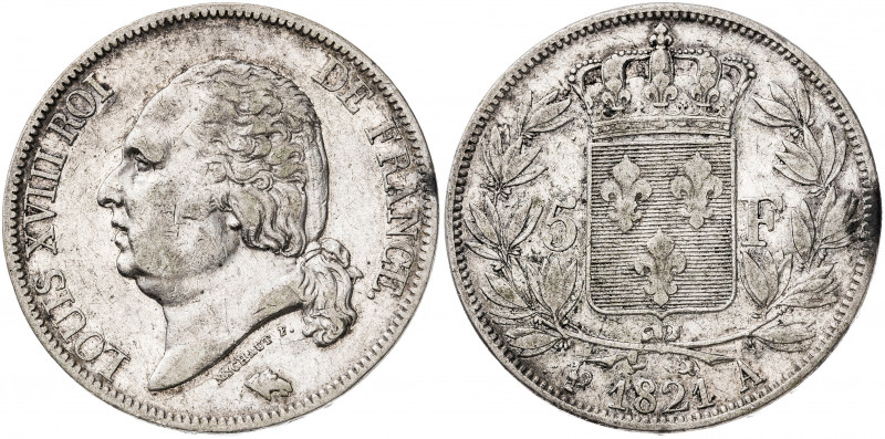 Francia. 1821. Luis XVIII. A (París). 5 francos. (Kr. 711.1). AG. 24,72 g. MBC-....