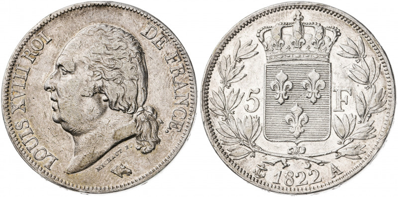 Francia. 1822. Luis XVIII. A (París). 5 francos. (Kr. 711.1). Golpecitos. AG. 24...