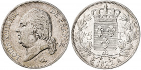 Francia. 1822. Luis XVIII. A (París). 5 francos. (Kr. 711.1). Golpecitos. AG. 24,89 g. MBC-/MBC.