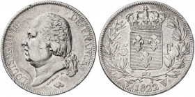 Francia. 1822. Luis XVIII. W (Lille). 5 francos. (Kr. 711.13). Golpecitos. AG. 24,84 g. MBC-/MBC.