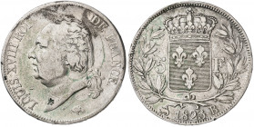 Francia. 1823. Luis XVIII. B (Rouen). 5 francos. (Kr. 711.2). Contramarca en forma de flor en el cuello. Golpecitos. AG. 24,80 g. MBC-/MBC.