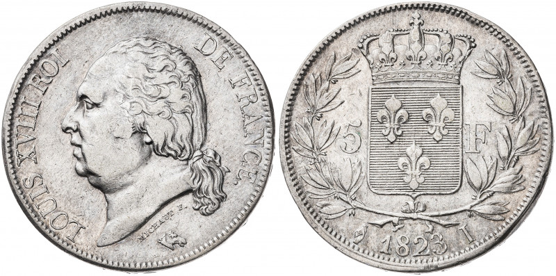 Francia. 1823. Luis XVIII. I (Limoges). 5 francos. (Kr. 711.6). AG. 24,92 g. MBC...