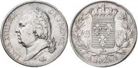 Francia. 1823. Luis XVIII. I (Limoges). 5 francos. (Kr. 711.6). AG. 24,92 g. MBC-/MBC.