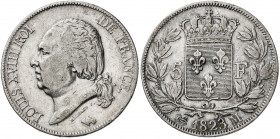Francia. 1823. Luis XVIII. M (Toulouse). 5 francos. (Kr. 711.9). AG. 24,70 g. MBC-/MBC.