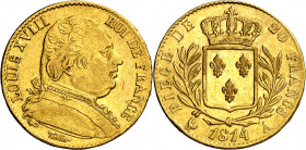 Francia. 1814. Luis XVIII. A (París). 20 francos. (Fr. 525) (Kr. 706.1). AU. 6,41 g. MBC+.