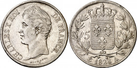 Francia. 1828. Carlos X. A (París). 5 francos. (Kr. 728.1). Golpecitos. AG. 24,84 g. MBC.
