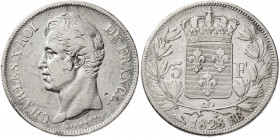 Francia. 1828. Carlos X. BB (Estrasburgo). 5 francos. (Kr. 728.3). Golpecitos. AG. 24,77 g. MBC-/MBC.