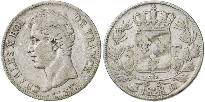 Francia. 1828. Carlos X. D (Lyon). 5 francos. (Kr. 728.4). AG. 24,84 g. MBC-.