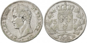 Francia. 1828. Carlos X. D (Lyon). 5 francos. (Kr. 728.4). AG. 24,84 g. MBC-.