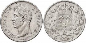 Francia. 1828. Carlos X. H (La Rochelle). 5 francos. (Kr. 728.5). AG. 24,78 g. MBC-/MBC.