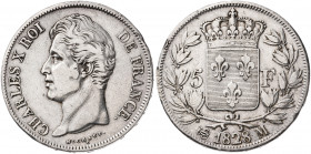 Francia. 1828. Carlos X. M (Toulouse). 5 francos. (Kr. 728.9). Golpecitos. AG. 24,81 g. MBC-/MBC.