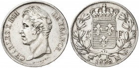 Francia. 1828. Carlos X. MA (Marsella). 5 francos. (Kr. 728.10). AG. 24,72 g. MBC-/MBC.