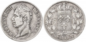 Francia. 1828. Carlos X. T (Nantes). 5 francos. (Kr. 728.12). AG. 24,70 g. MBC-.