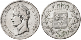 Francia. 1828. Carlos X. W (Lille). 5 francos. (Kr. 728.13). Golpecitos. AG. 24,70 g. MBC-/MBC.