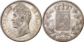 Francia. 1829. Carlos X. A (París). 5 francos. (Kr. 728.1). Leves golpecitos. Parte de brillo original. Escasa así. AG. 24,91 g. EBC-.