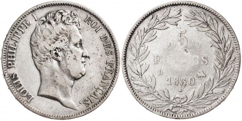 Francia. 1830. Luis Felipe I. B (Rouen). 5 francos. (Kr. 735.2). AG. 24,71 g. BC...