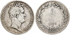 Francia. 1830. Luis Felipe I. T (Nantes). 5 francos. (Kr. 735.12). AG. 24,41 g. BC+/BC.